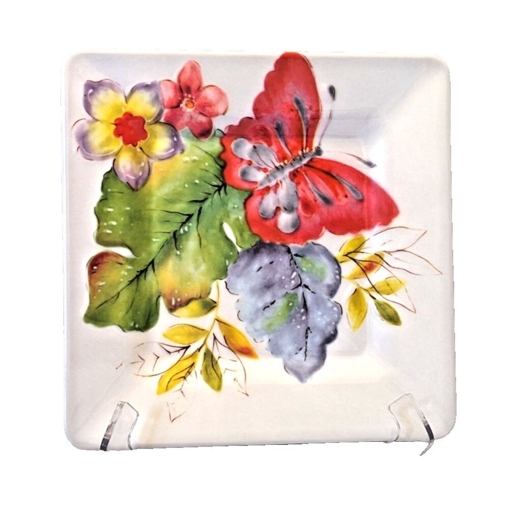 Laurie Gates Tropicalla Butterfly Floral Plate 8.6-in Melamine Purple Green Red
